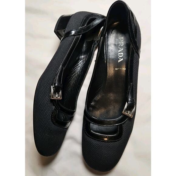 PRADA Women's Fabric/Patent Leather Closed Toe Heels Shoes Size EU 37.5 US 7.5 - Picture 1 of 10